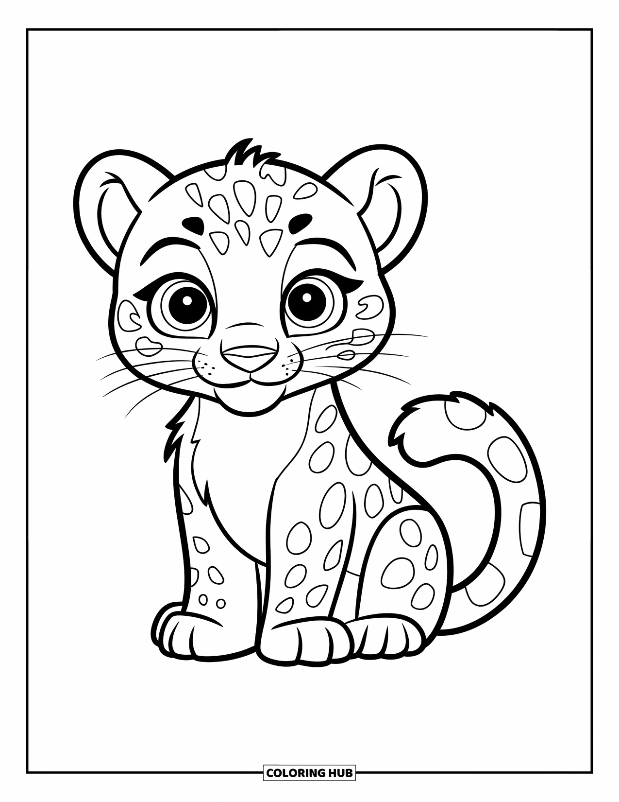 Snow Leopard Coloring Page for Kids: Cute snow leopard cub sits with big eyes and a fluffy tail wrapped around
