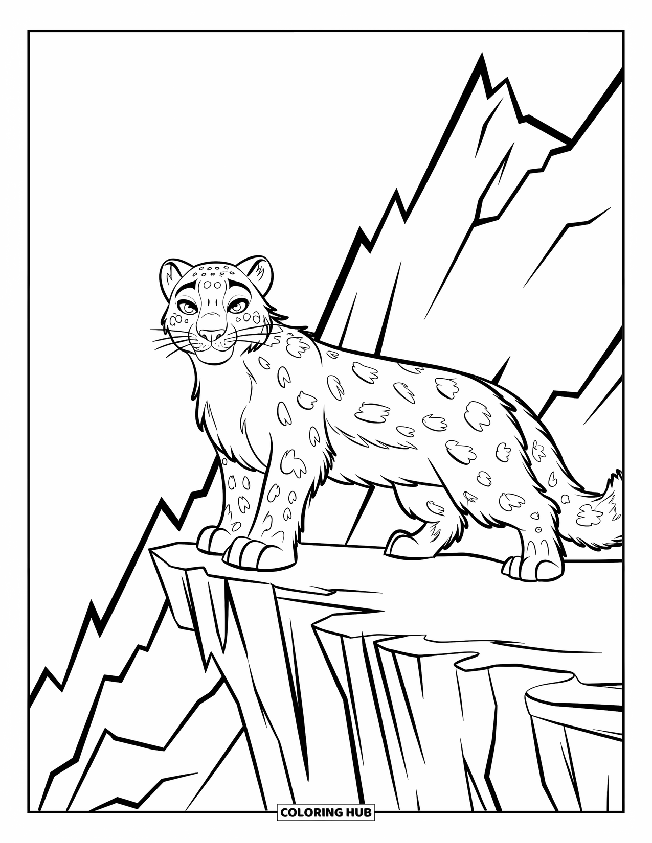 Snow Leopard Coloring Page for Kids: Fierce snow leopard surveys the sharp mountain peaks from a cliff