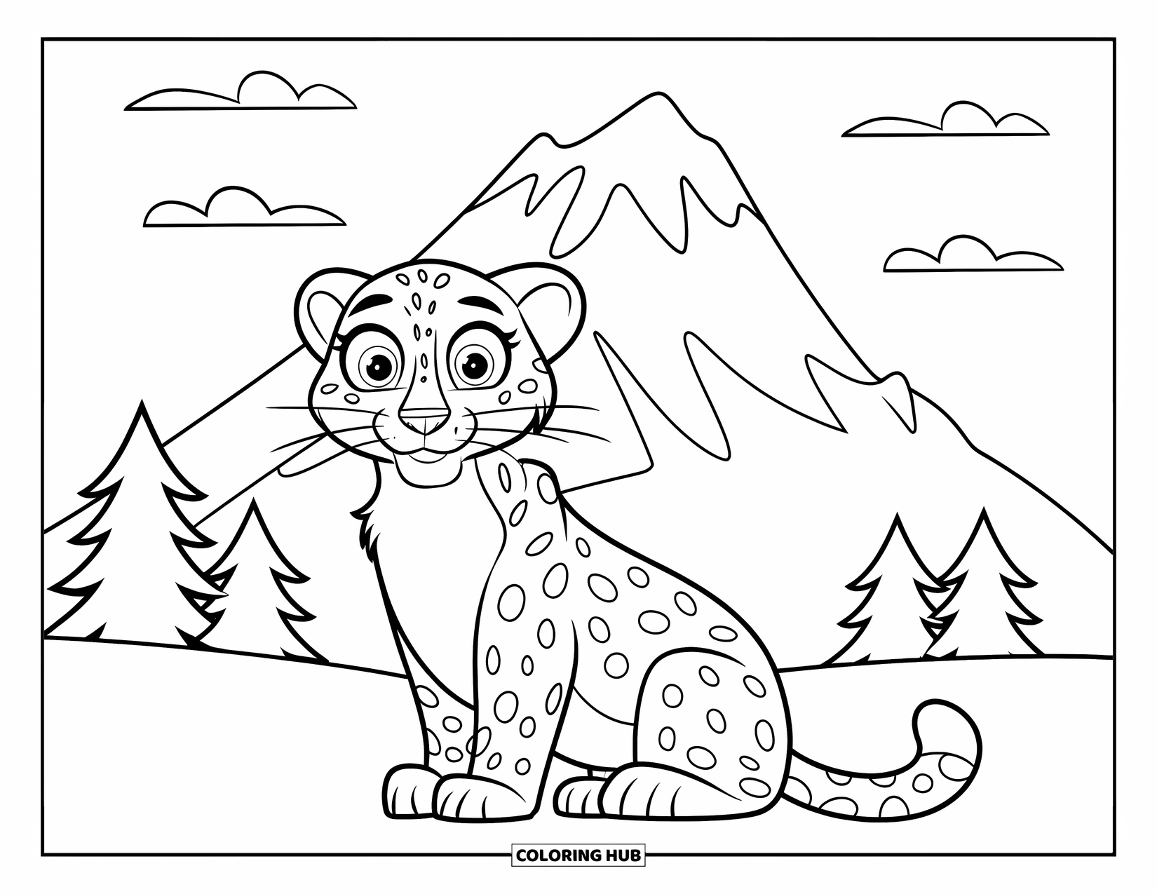 Snow Leopard Coloring Page for Kids: Happy little leopard sits in front of a mountain with trees and clouds