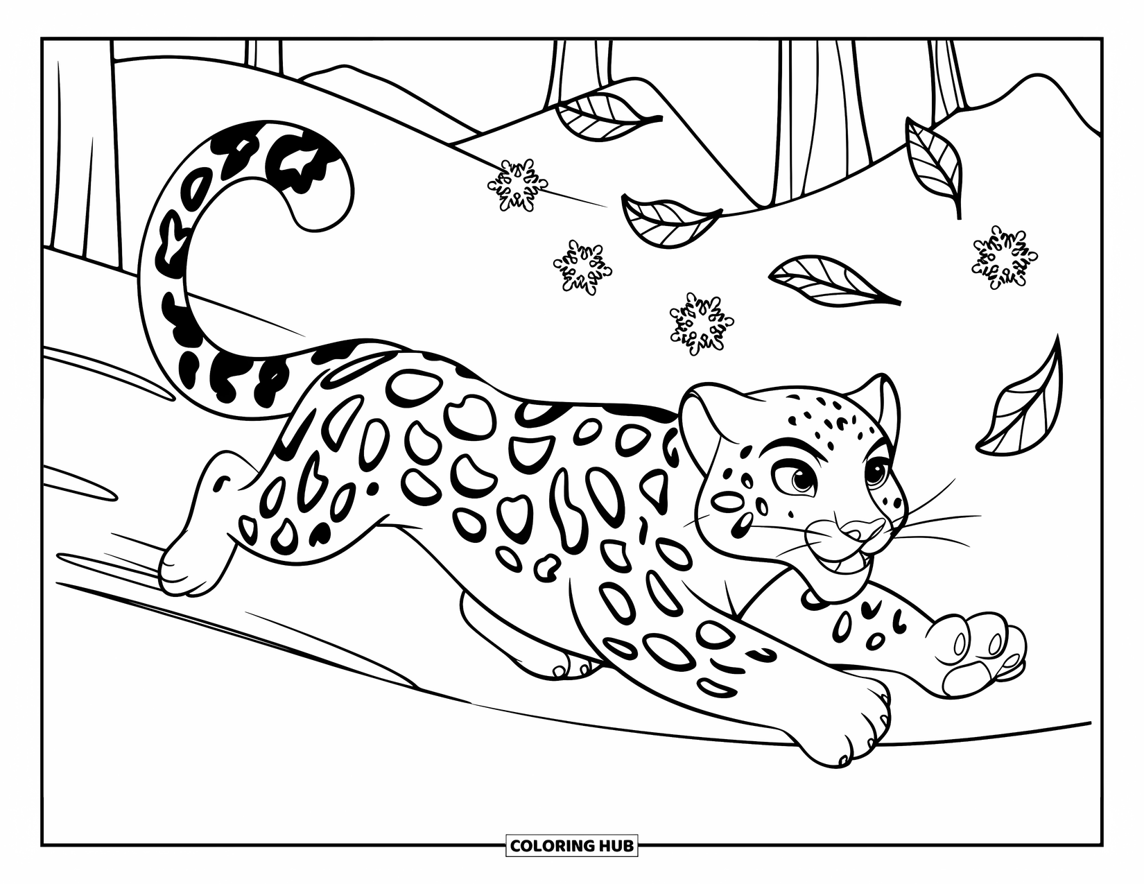 Snow Leopard Coloring Page for Kids: Joyful snow leopard runs after floating snowflakes and playful leaves
