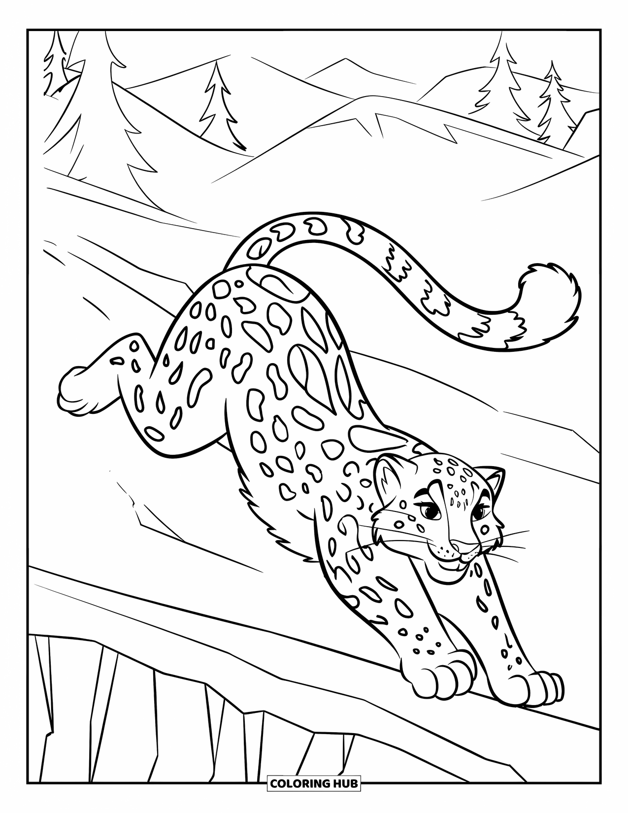 Snow Leopard Coloring Page for Kids: Mid-jump snow leopard flies over snowy cliffs and pine-covered hills