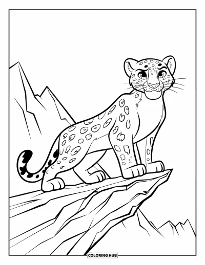 Çocuklar için Kar Leoparı Boyama Sayfası: Gururlu kar leoparı, ötesindeki dağlarla engebeli bir uçurumdan dışarıya bakıyor