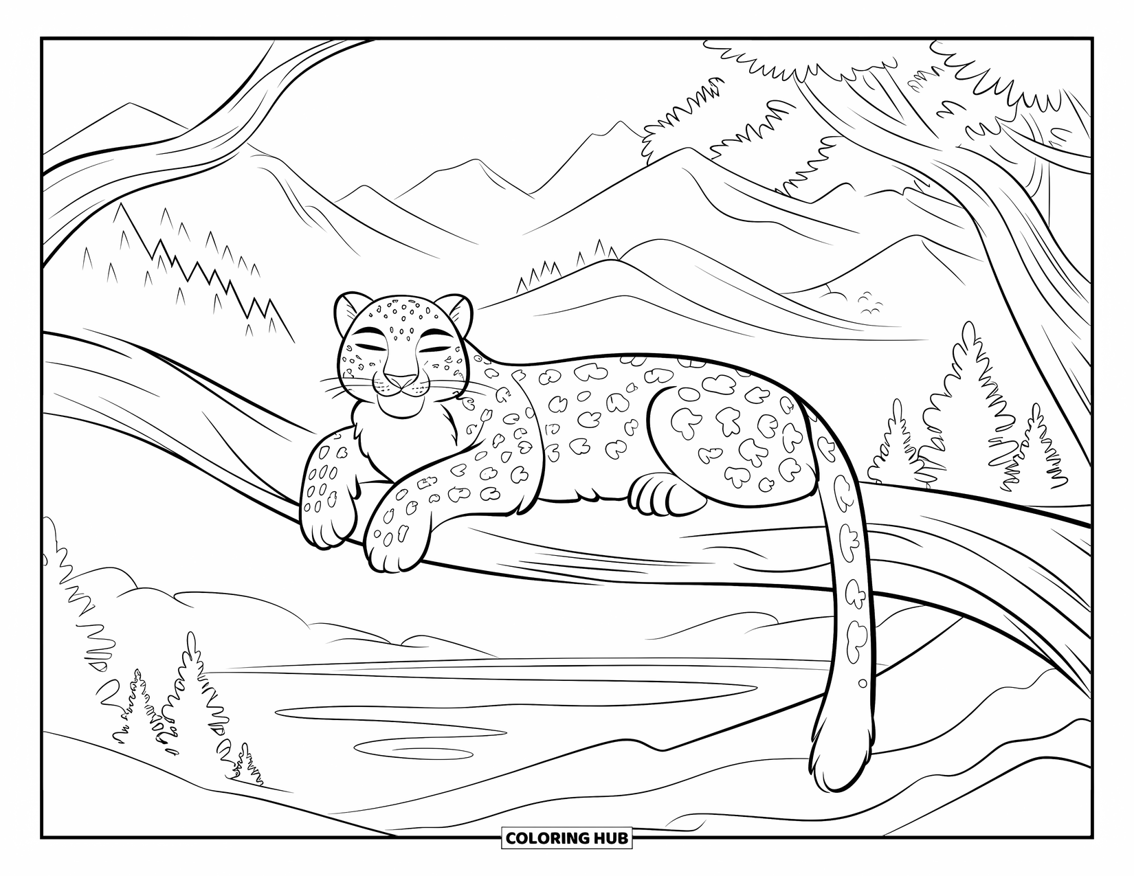 Snow Leopard Coloring Page for Kids: Relaxed snow leopard dozes on a sturdy branch with mountain scenery behind