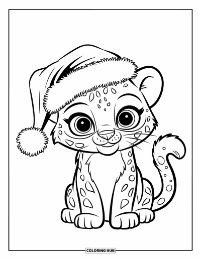 Çocuklar için Kar Leoparı Boyama Sayfası: Noel Baba şapkalı leopar yavrusu, tatlı bir gülümsemeyle bir Noel ağacının yanında oturuyor