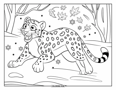 Çocuklar için Kar Leoparı Boyama Sayfası: Kar leoparı, kış havasında dans eden kar taneciklerinin ve yaprakların peşinden koşuyor
