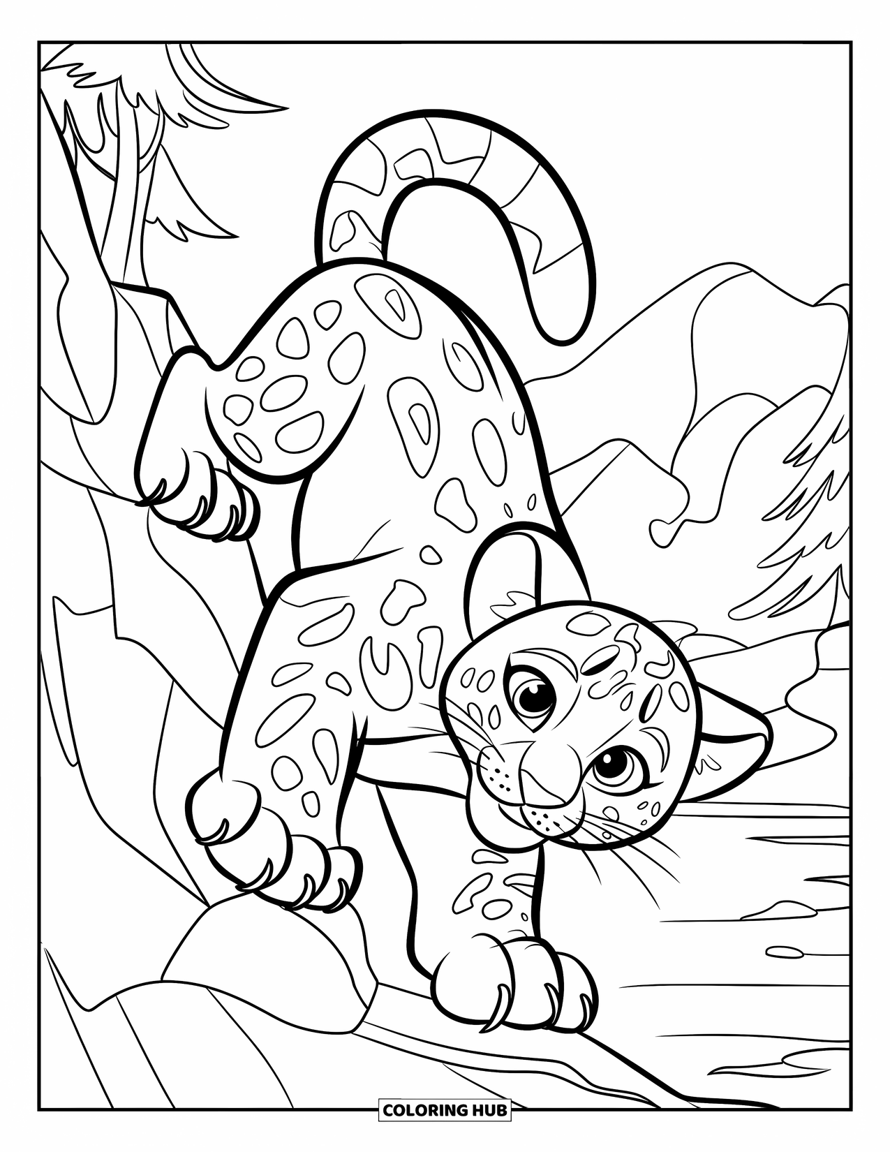 Snow Leopard Coloring Page for Kids: Snow leopard cub climbs a rocky ledge with mountains and trees behind