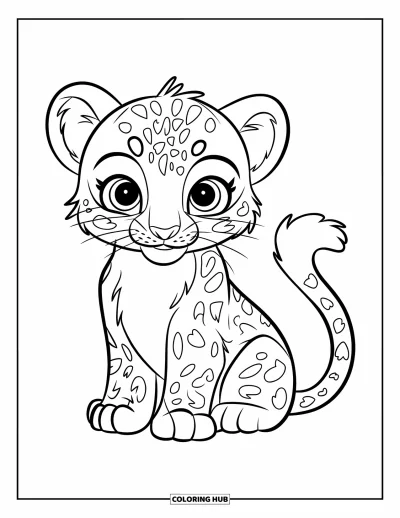 Çocuklar için Kar Leoparı Boyama Sayfası: Kar leoparı yavrusu, karlı zeminde tüylü kuyruğu etrafına sarılarak oturuyor