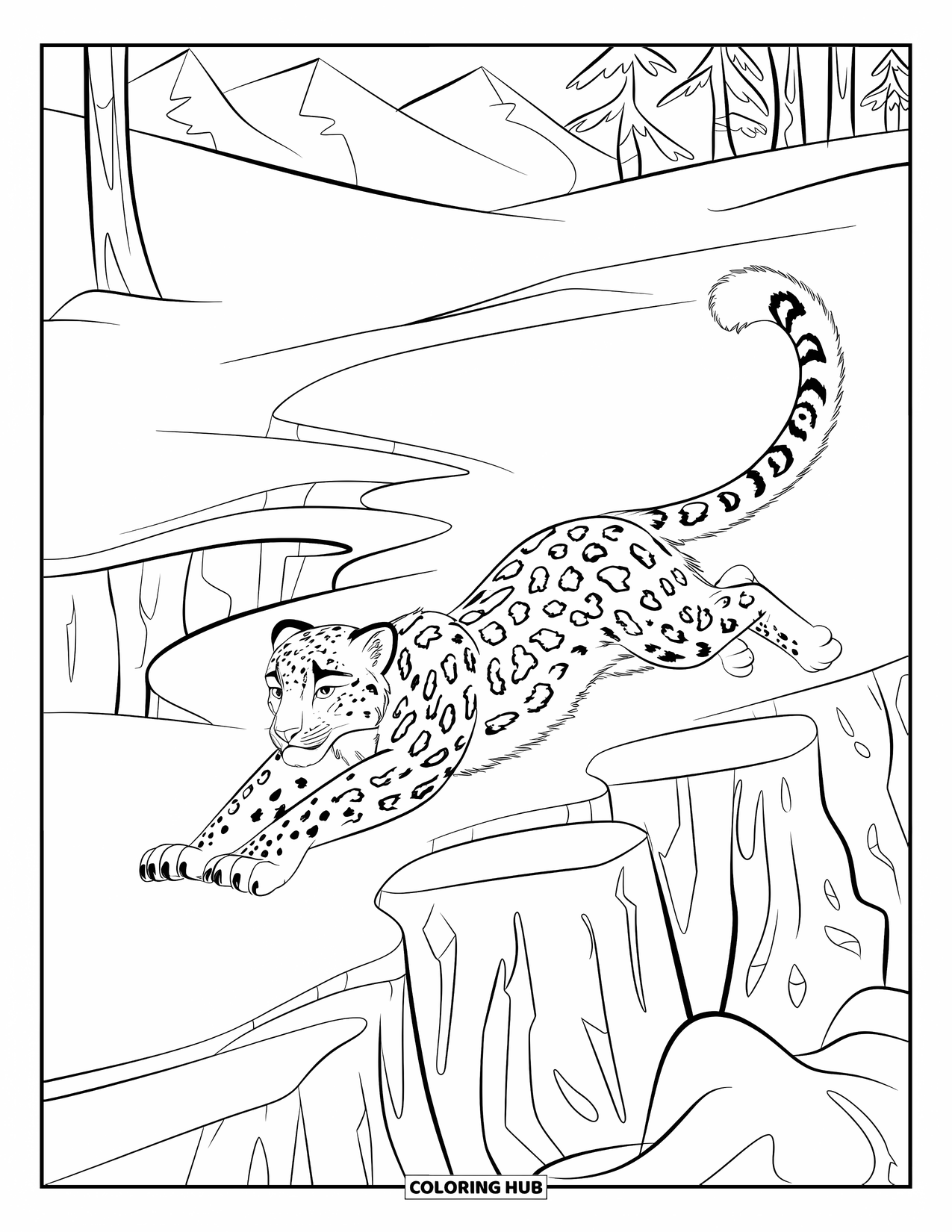 Snow Leopard Coloring Page for Kids: Snow leopard leaps across a snowy crevice with its tail trailing behind