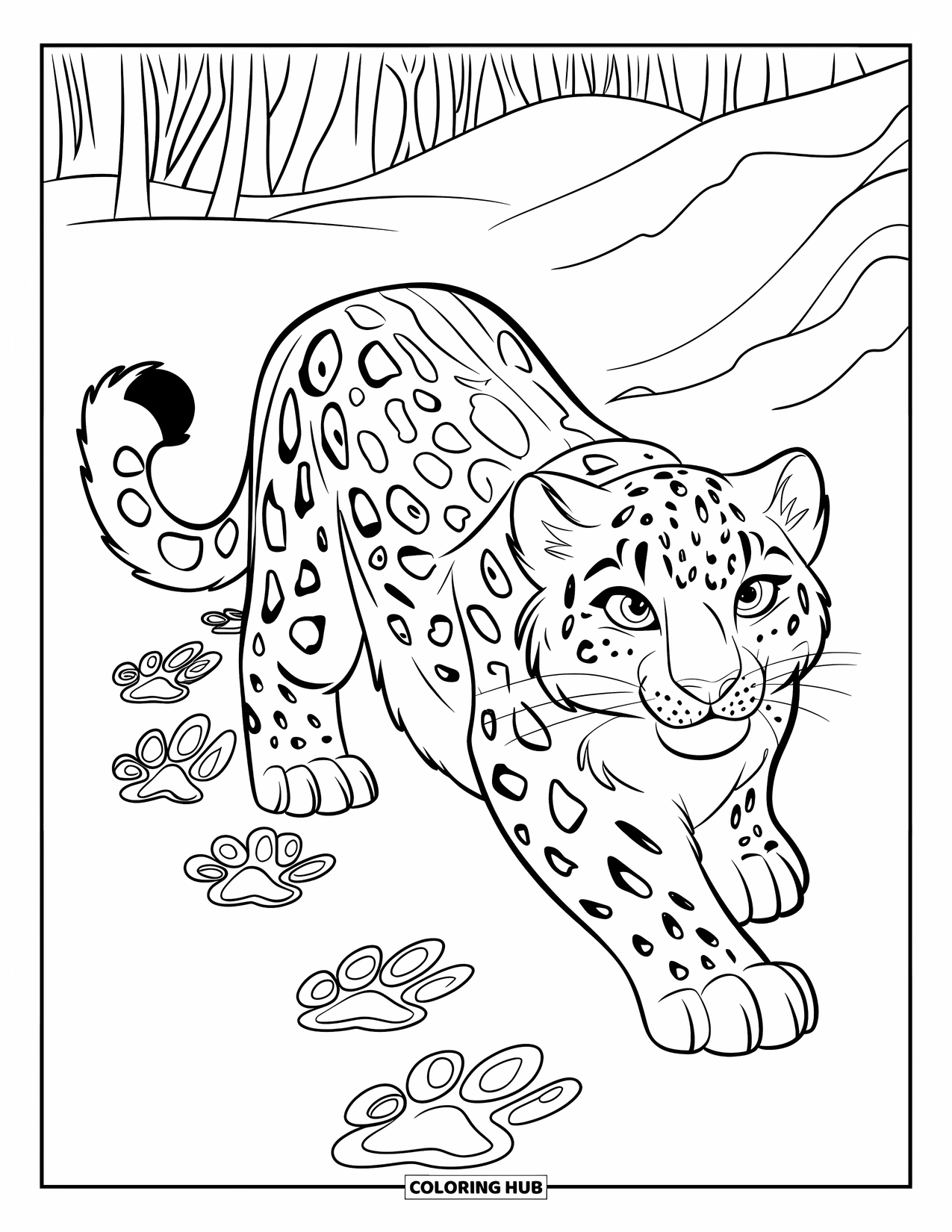 Snow Leopard Coloring Page for Kids: Snow leopard moves slowly through snow, leaving soft prints behind