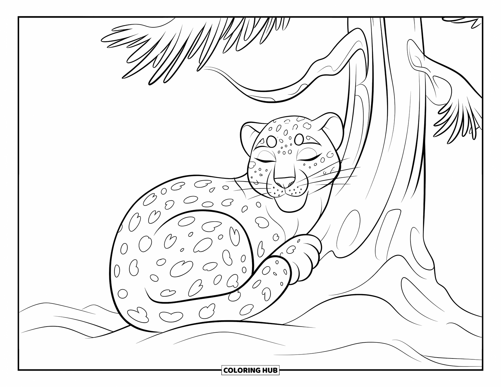 Snow Leopard Coloring Page for Kids: Snow leopard naps by a frosty pine, head resting gently against the tree