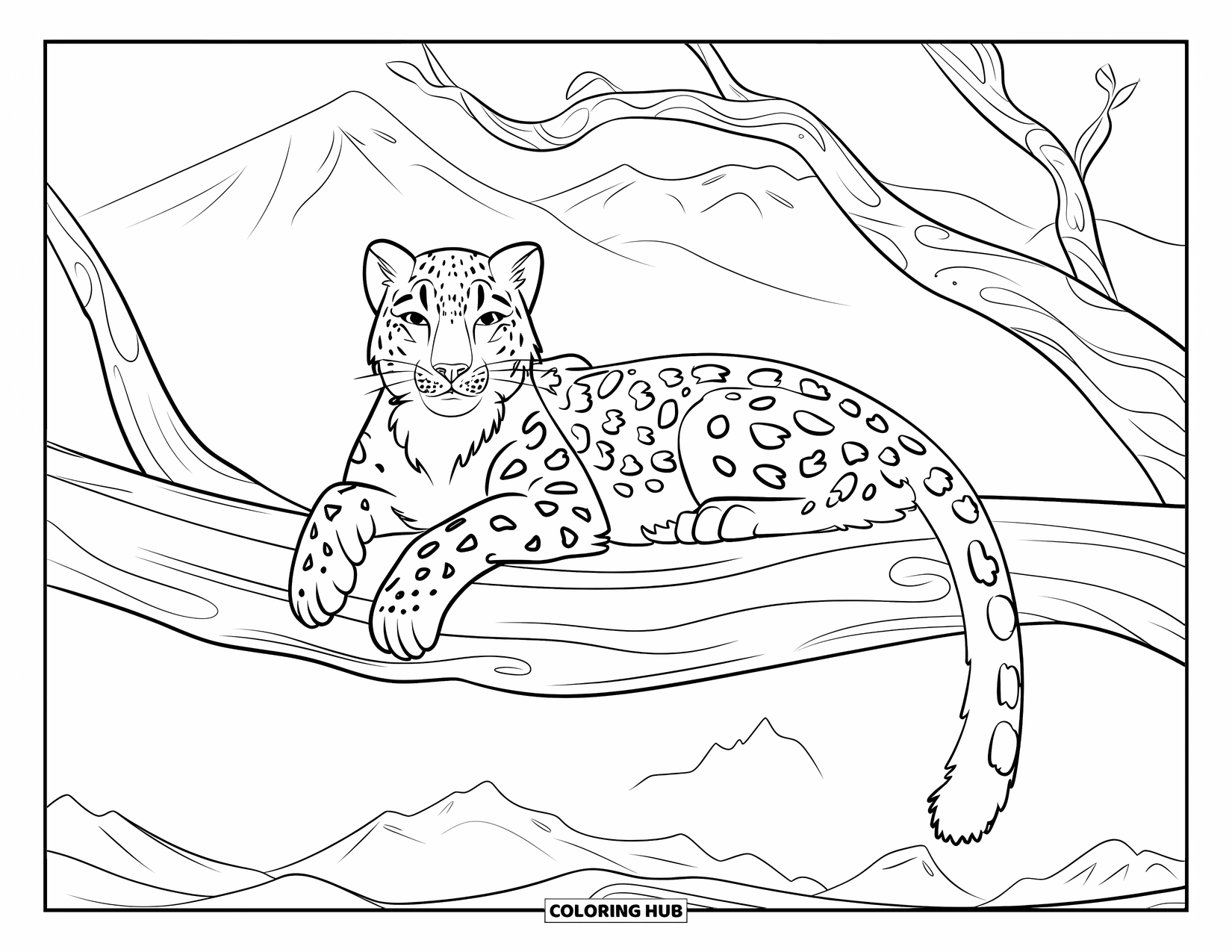 Snow Leopard Coloring Page for Kids: Snow leopard naps on a thick branch with misty mountains behind