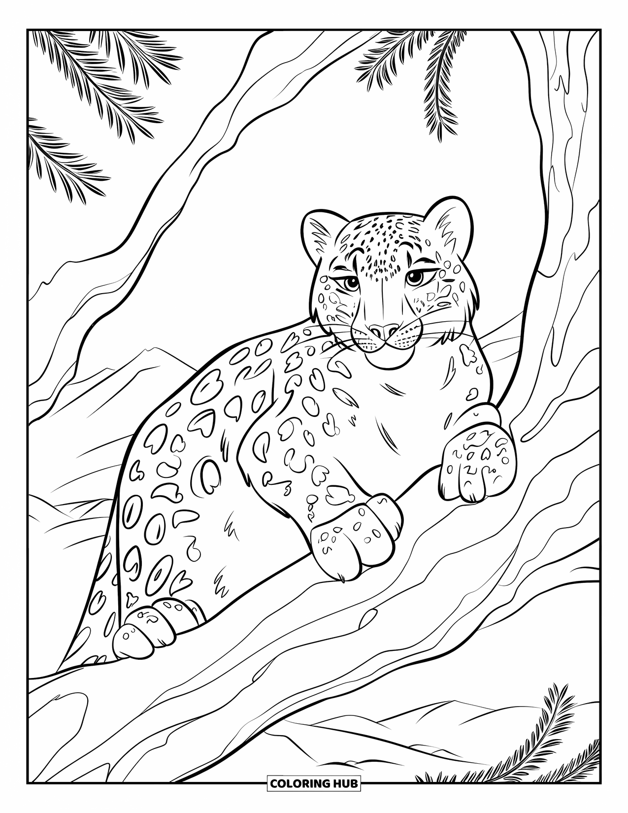 Snow Leopard Coloring Page for Kids: Snow leopard perches in a tree, watching a snowy mountain landscape
