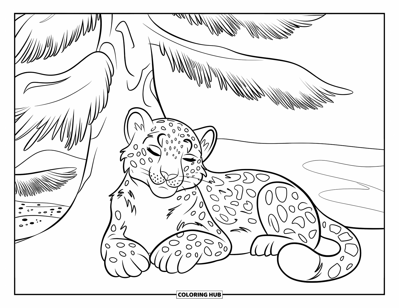 Snow Leopard Coloring Page for Kids: Snow leopard rests beside a snow-covered pine with its tail wrapped close