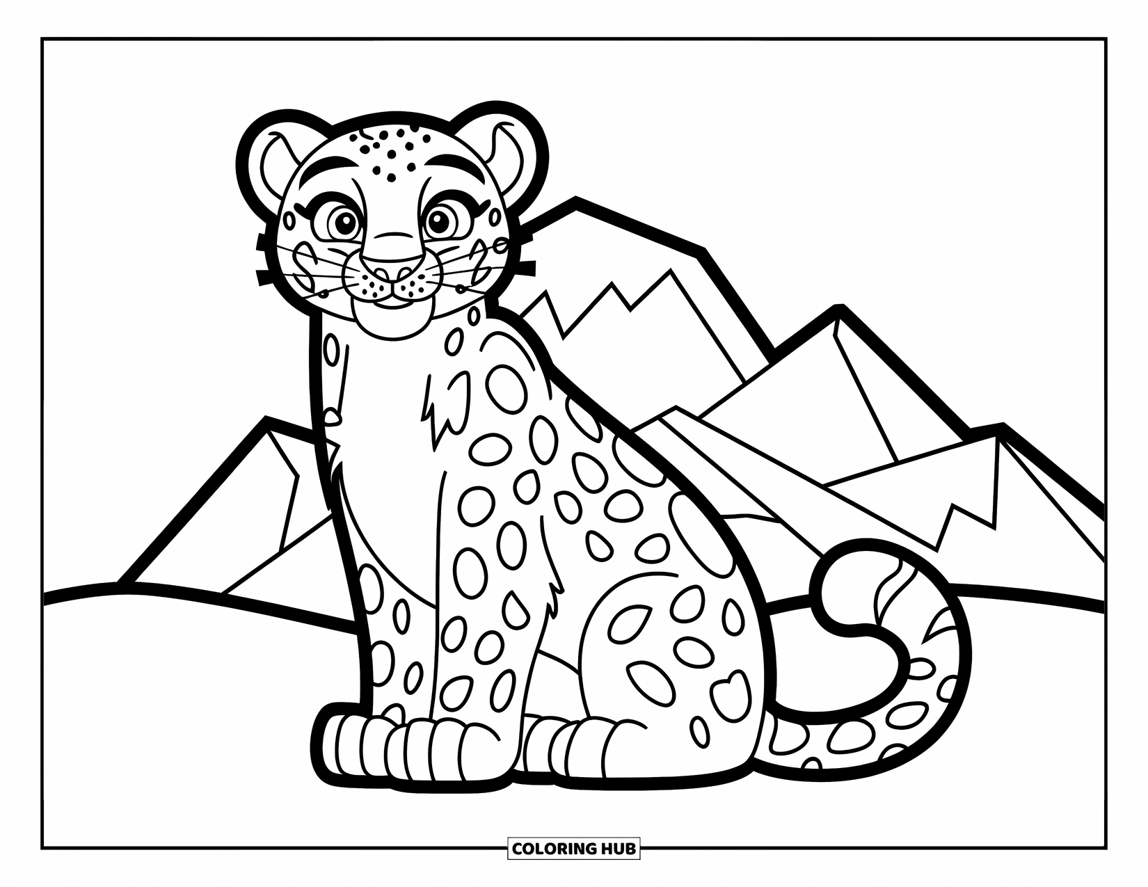 Snow Leopard Coloring Page for Kids: Snow leopard sits happily in front of a mountain with wide, curious eyes