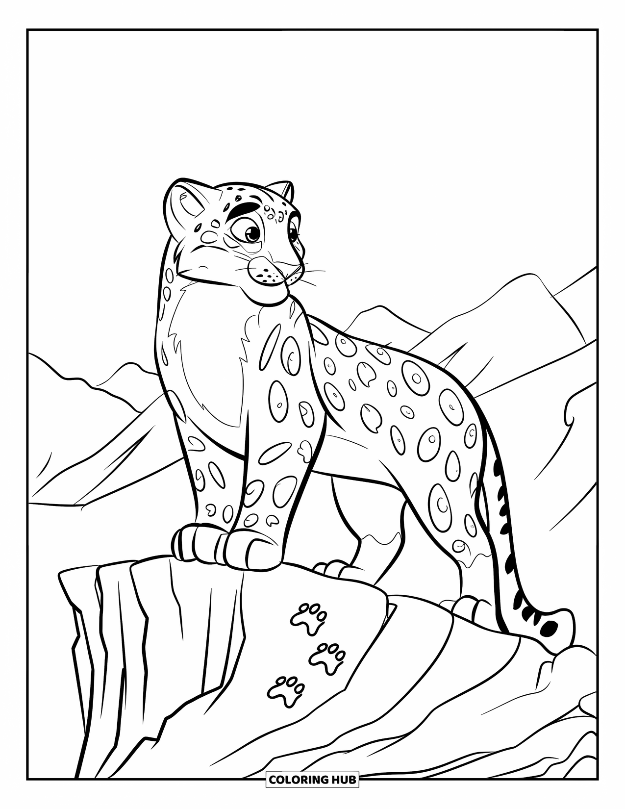 Snow Leopard Coloring Page for Kids: Snow leopard stands on a cliff, gazing into a clear sky above paw prints