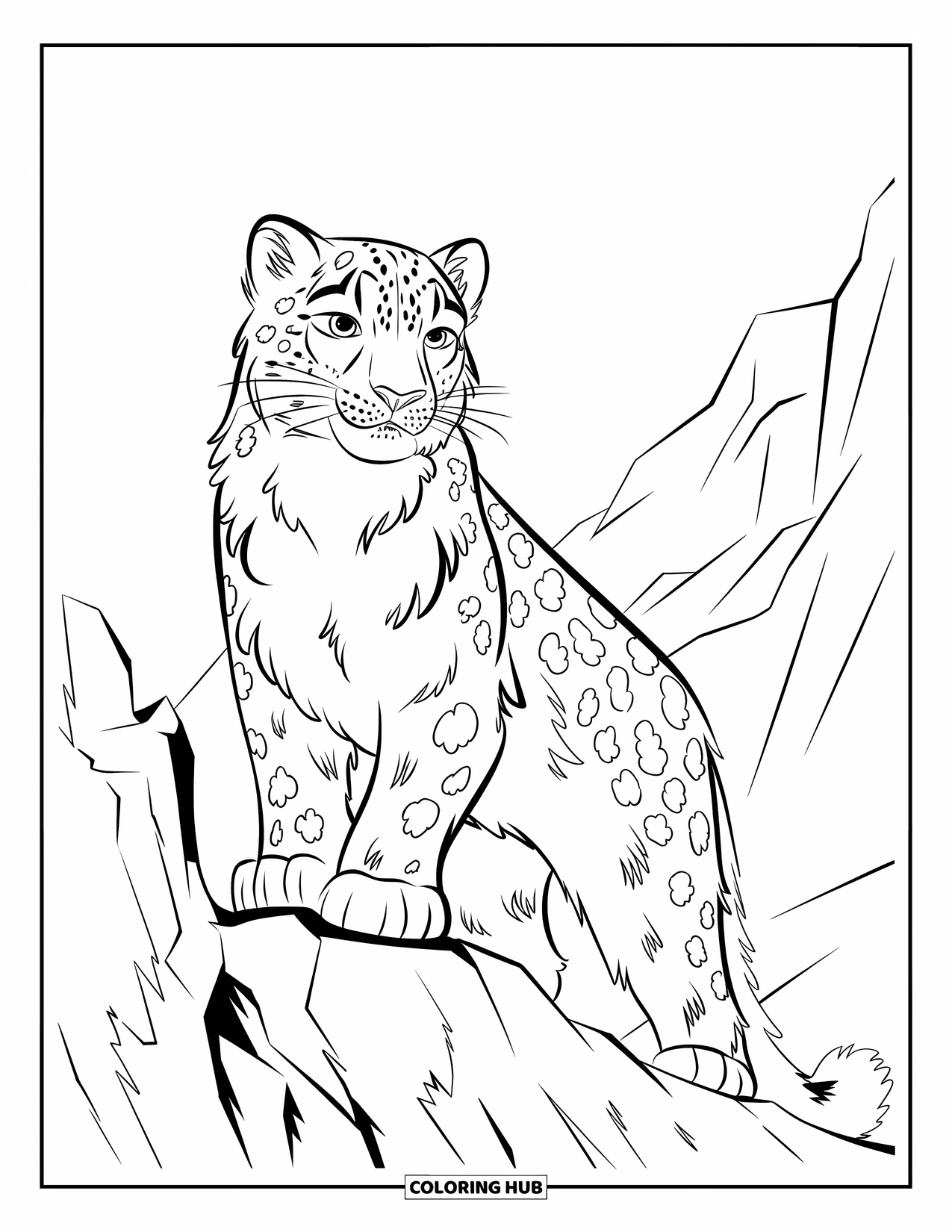 Snow Leopard Coloring Page for Kids: Snow leopard stands tall on a rocky ledge, wind sweeping through its fur