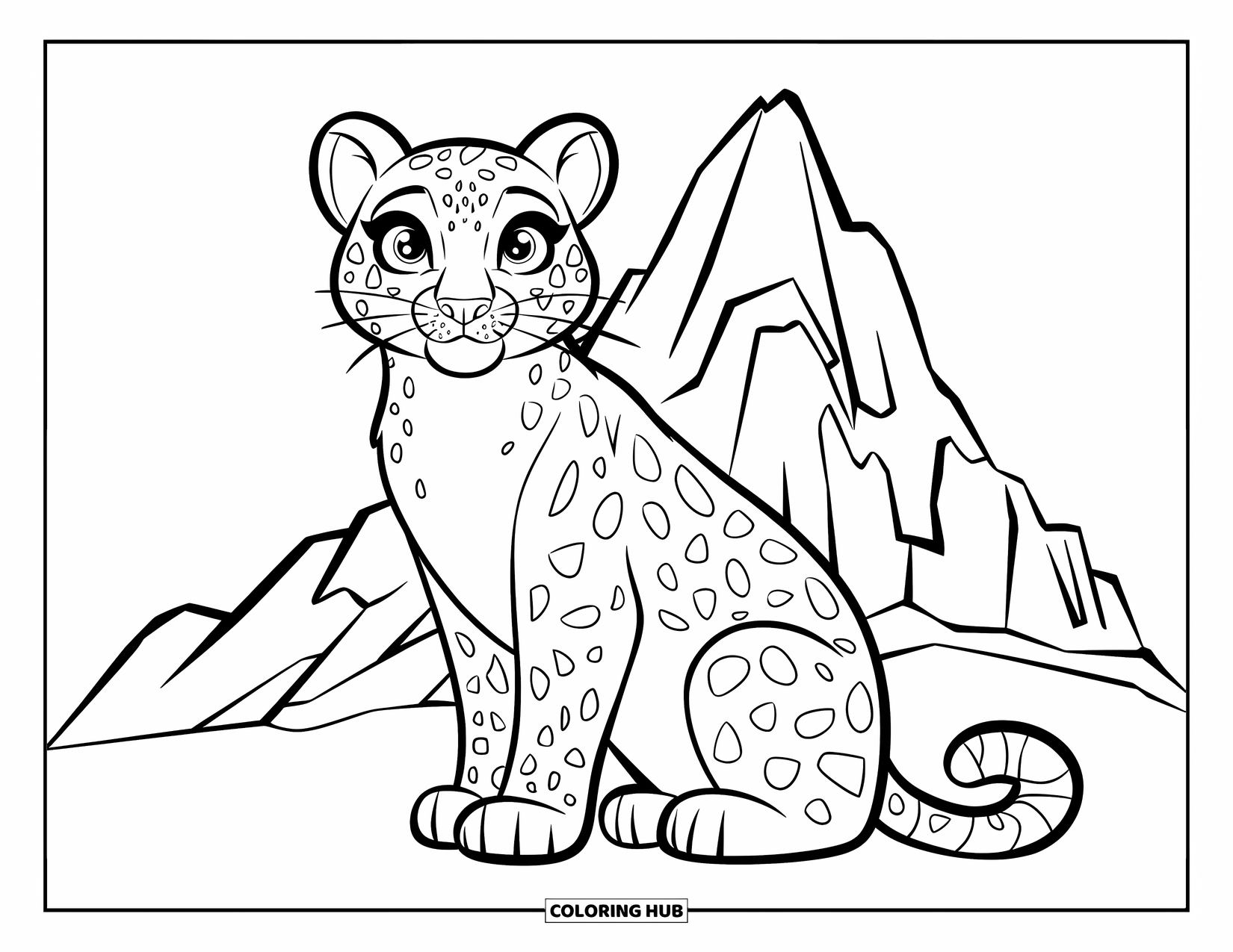 Snow Leopard Coloring Page for Kids: Spotted snow leopard cub sits quietly in front of a rocky mountain