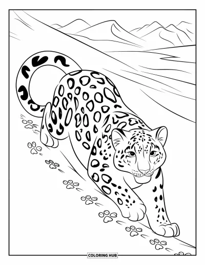 Çocuklar için Kar Leoparı Boyama Sayfası: Benekli kar leoparı, sessiz karlı bir dağ yolunda ilerliyor