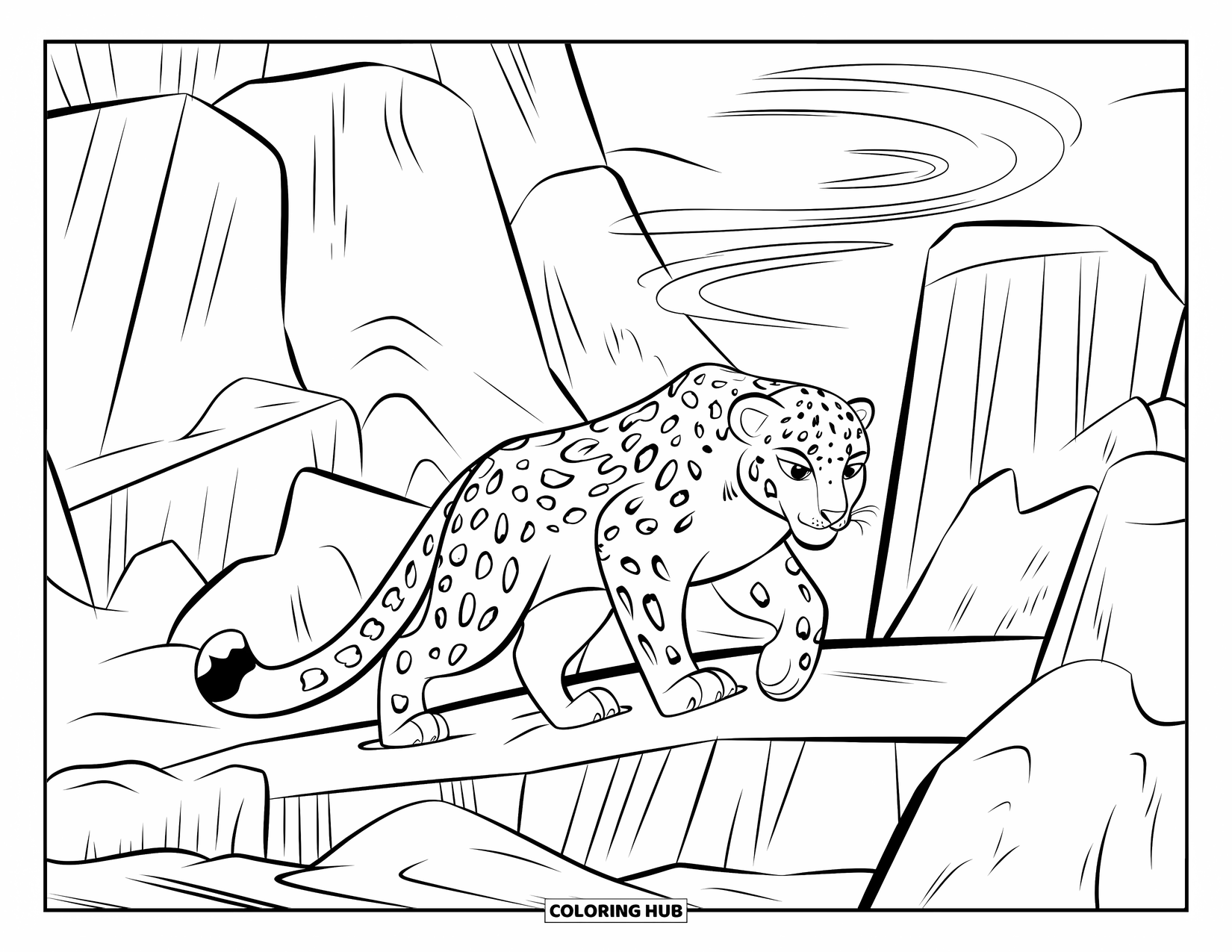 Snow Leopard Coloring Page for Kids: Spotted snow leopard prowls snowy rocks while swirls of wind float above