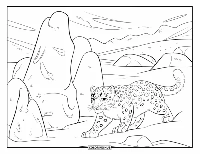 Çocuklar için Kar Leoparı Boyama Sayfası: Sessiz kar leoparı, etrafında rüzgar burgaçlarıyla karlı kayalar arasında ilerliyor