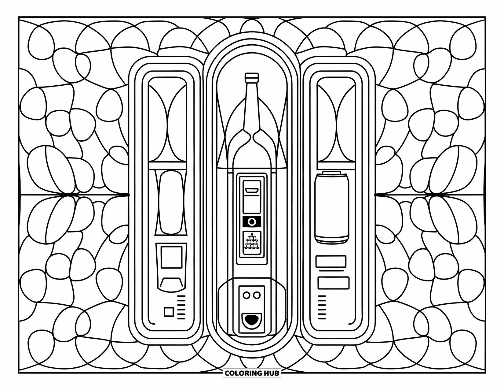 Soda Coloring Page for Adults: Art Deco vending machine with bottles, cans, and a coin slot