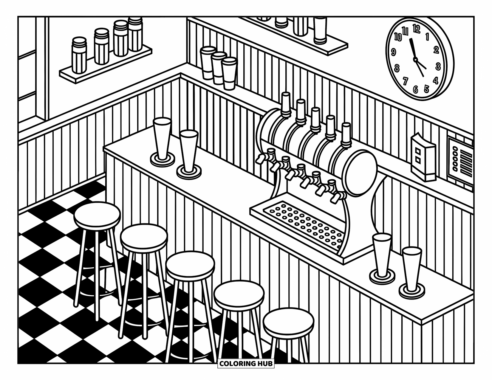 Soda Coloring Page for Adults: Charming soda counter with stools, coasters, and striped mini menus