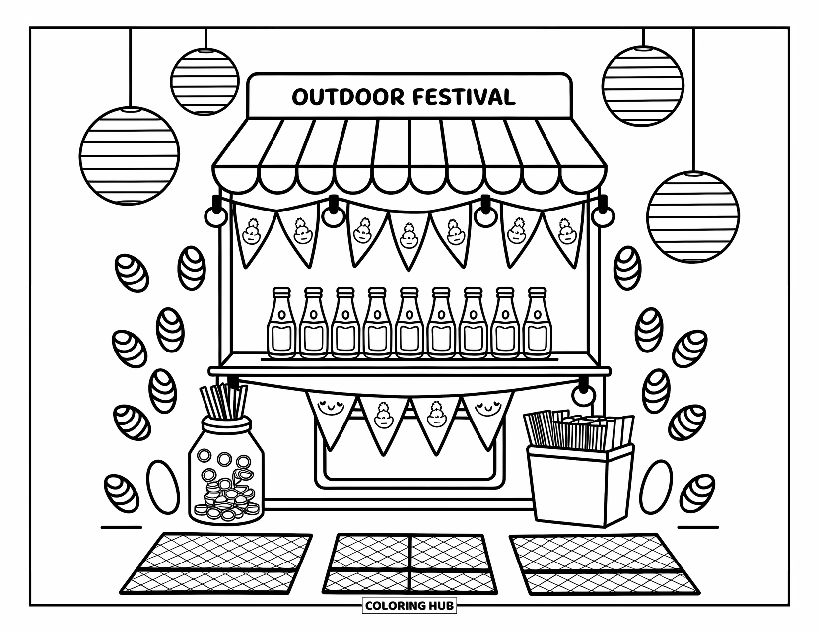 Soda Coloring Page for Adults: Cute outdoor soda booth with flavor tags, string lights, and a cozy setup