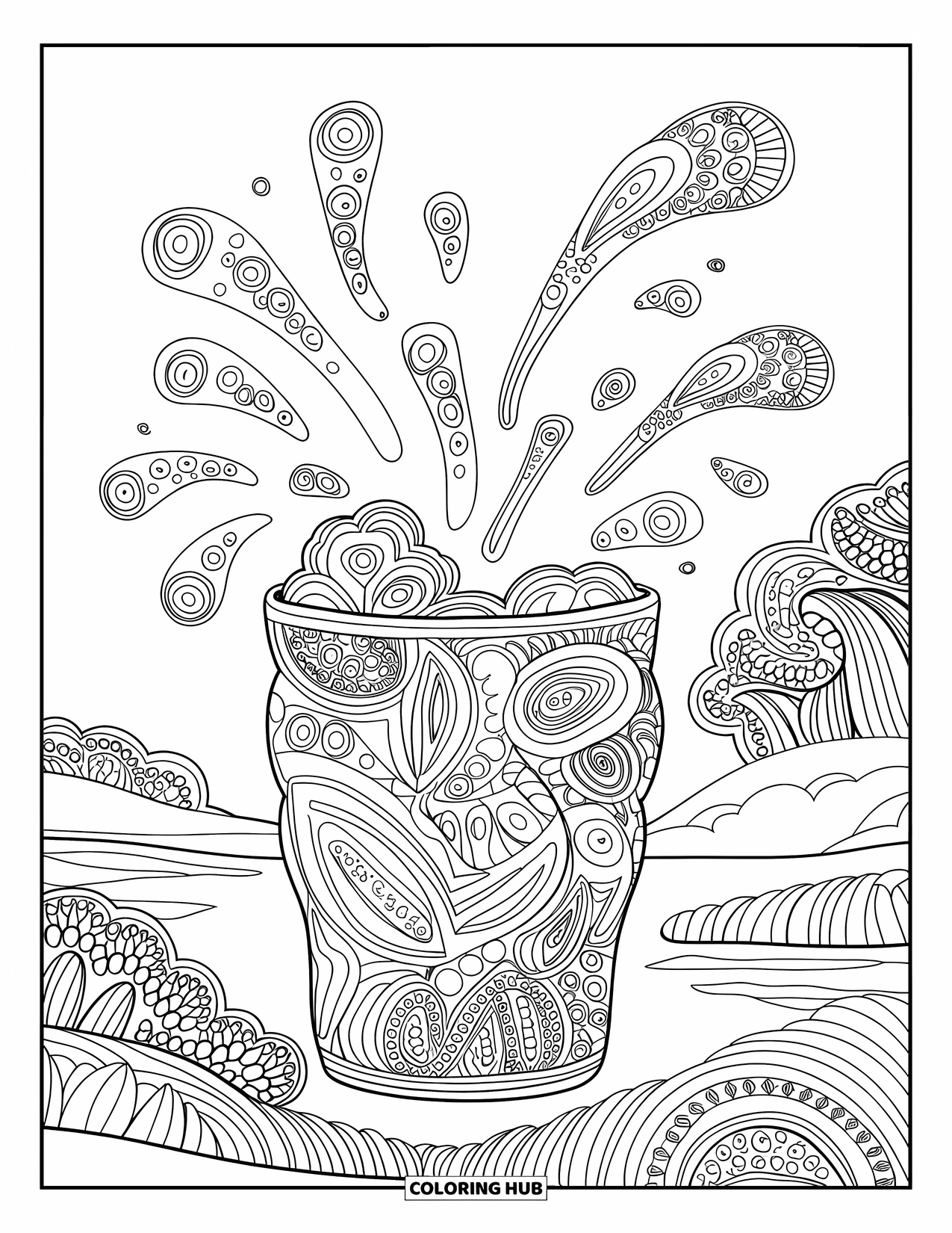 Soda Coloring Page for Adults: Intricate soda cup with artistic swirls and a peaceful setting