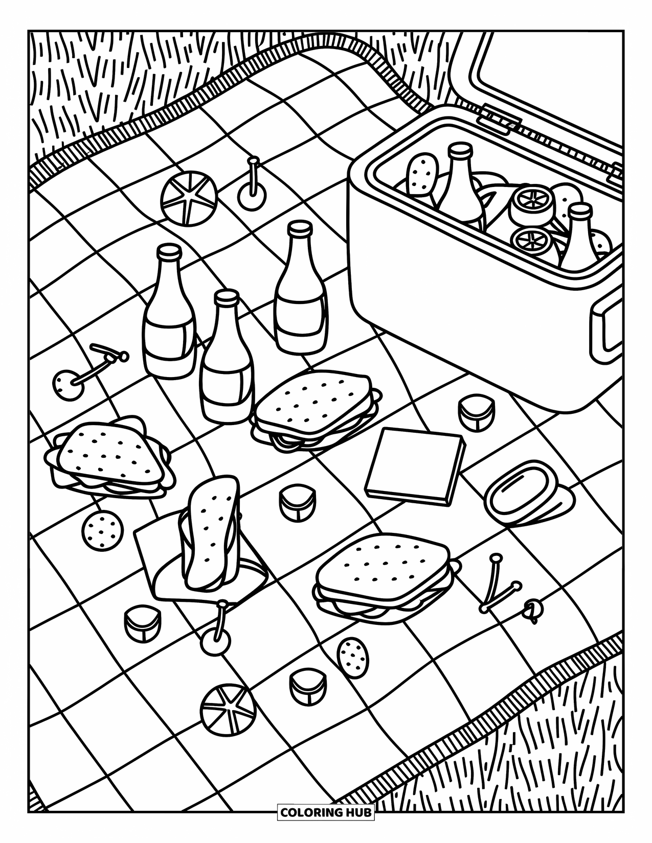 Soda Coloring Page for Adults: Playful outdoor picnic with bubbly drinks, snacks, and cherry stems