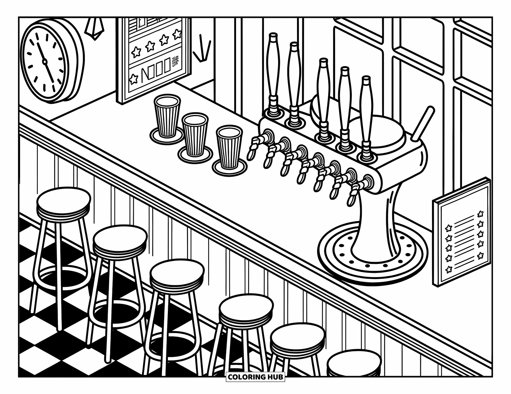 Soda Coloring Page for Adults: Retro soda shop with checkered floors and soda taps lined with stools