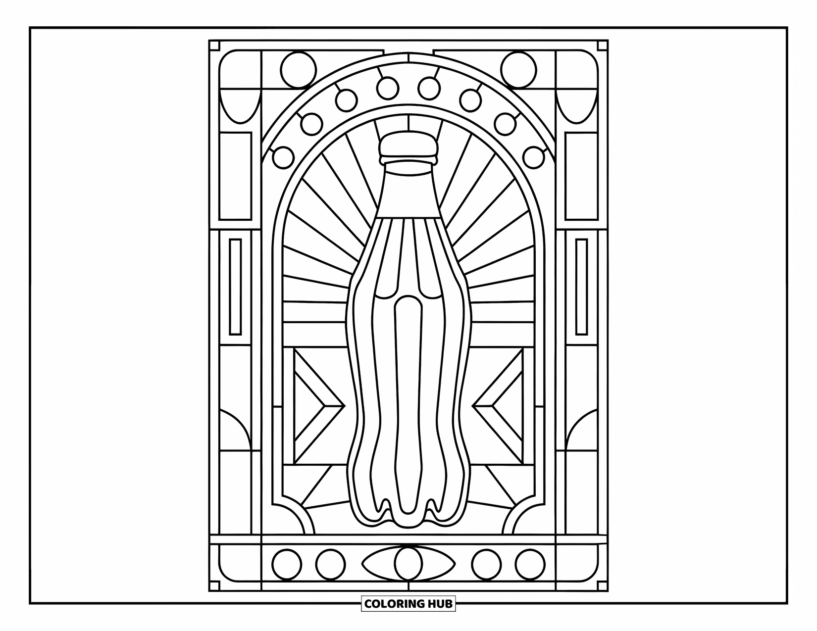 Soda Coloring Page for Adults: Soda bottle framed by stained glass-style geometric shapes