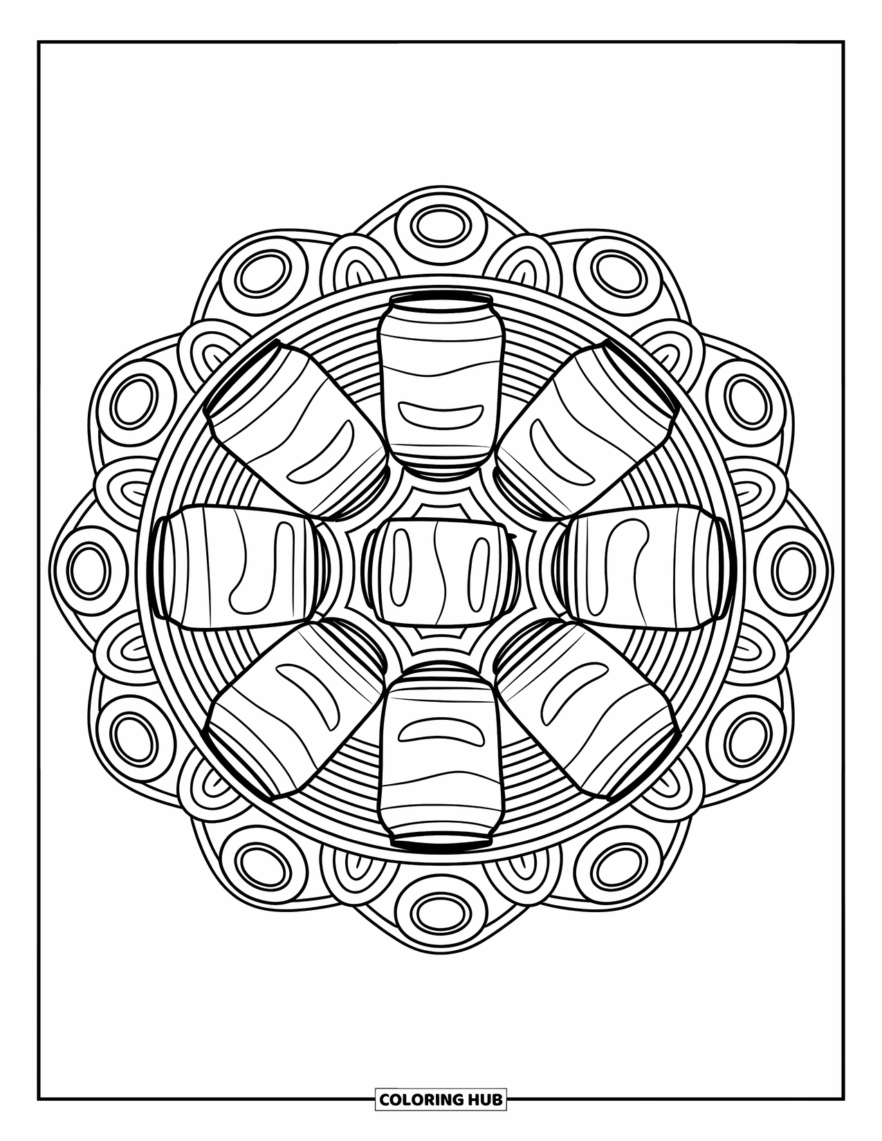 Soda Coloring Page for Adults: Soda can mandala with radial shapes and circles