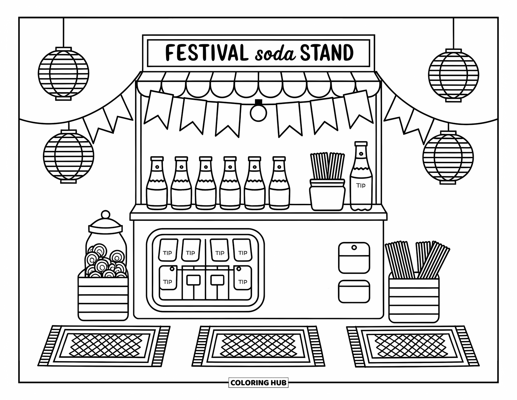 Soda Coloring Page for Adults: Soda stand with banners, paper lanterns, and a cooler full of glass bottles