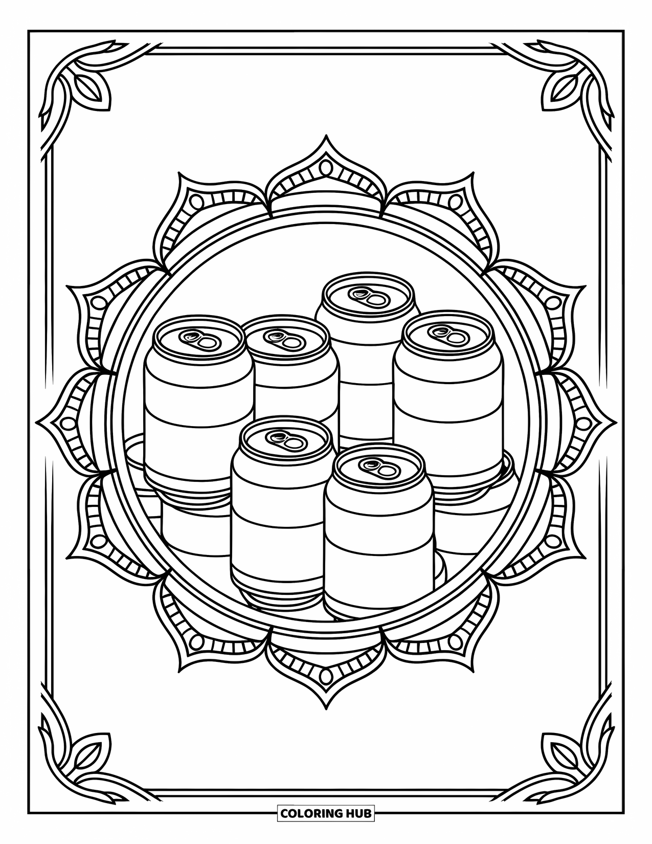 Soda Coloring Page for Adults: Stacked soda cans inside a detailed mandala frame