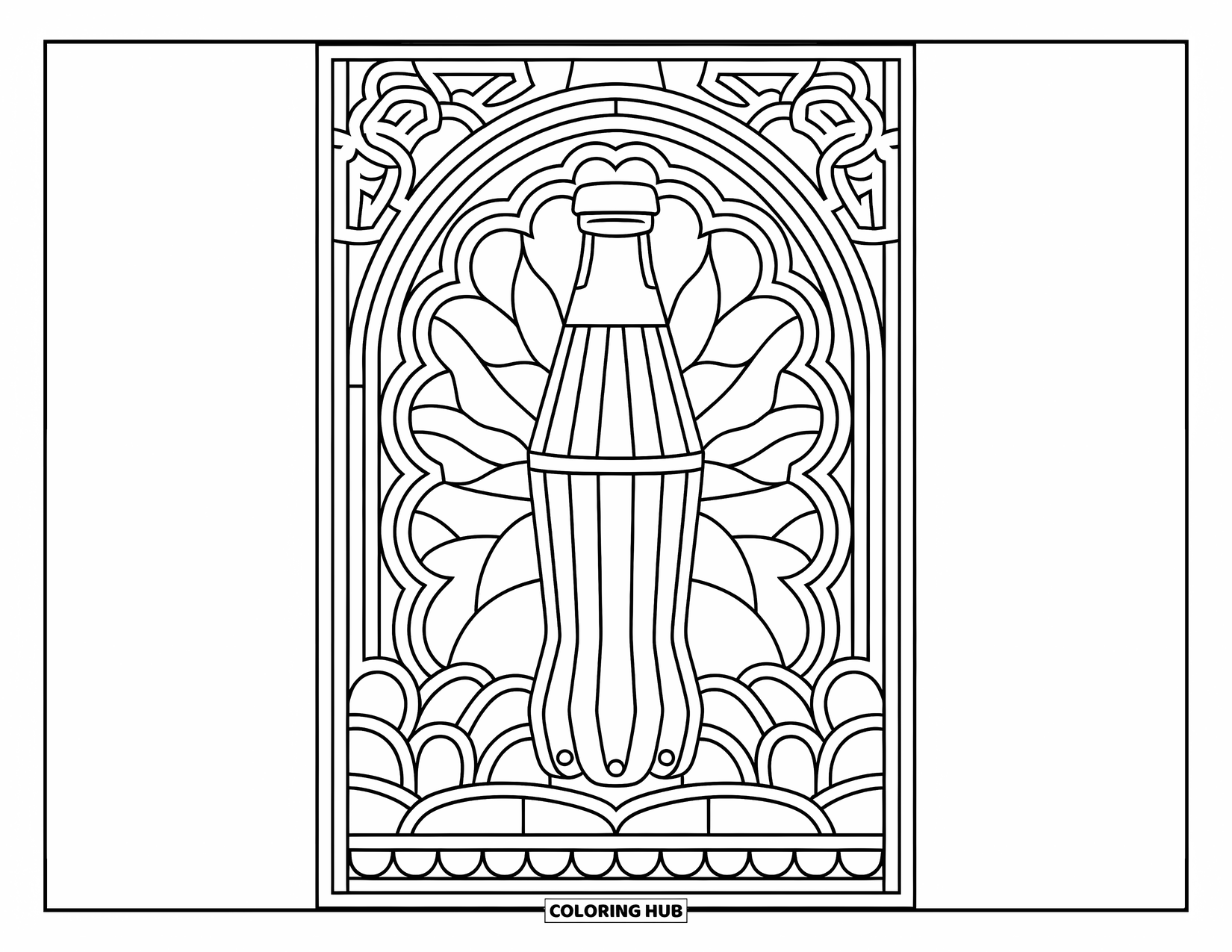 Soda Coloring Page for Adults: Stylized soda bottle surrounded by detailed stained glass elements