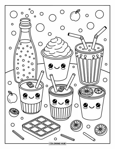 大人向けソーダのぬりえ：ボトルキャップと泡立つ気泡が散らばるかわいいソーダドリンクが6つ並ぶテーブル