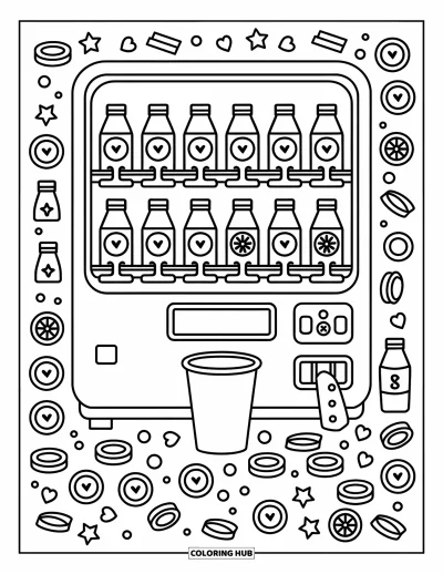大人向けソーダのぬりえ：ハートや泡とコインの細かなデザインが入ったソーダいっぱいの自動販売機