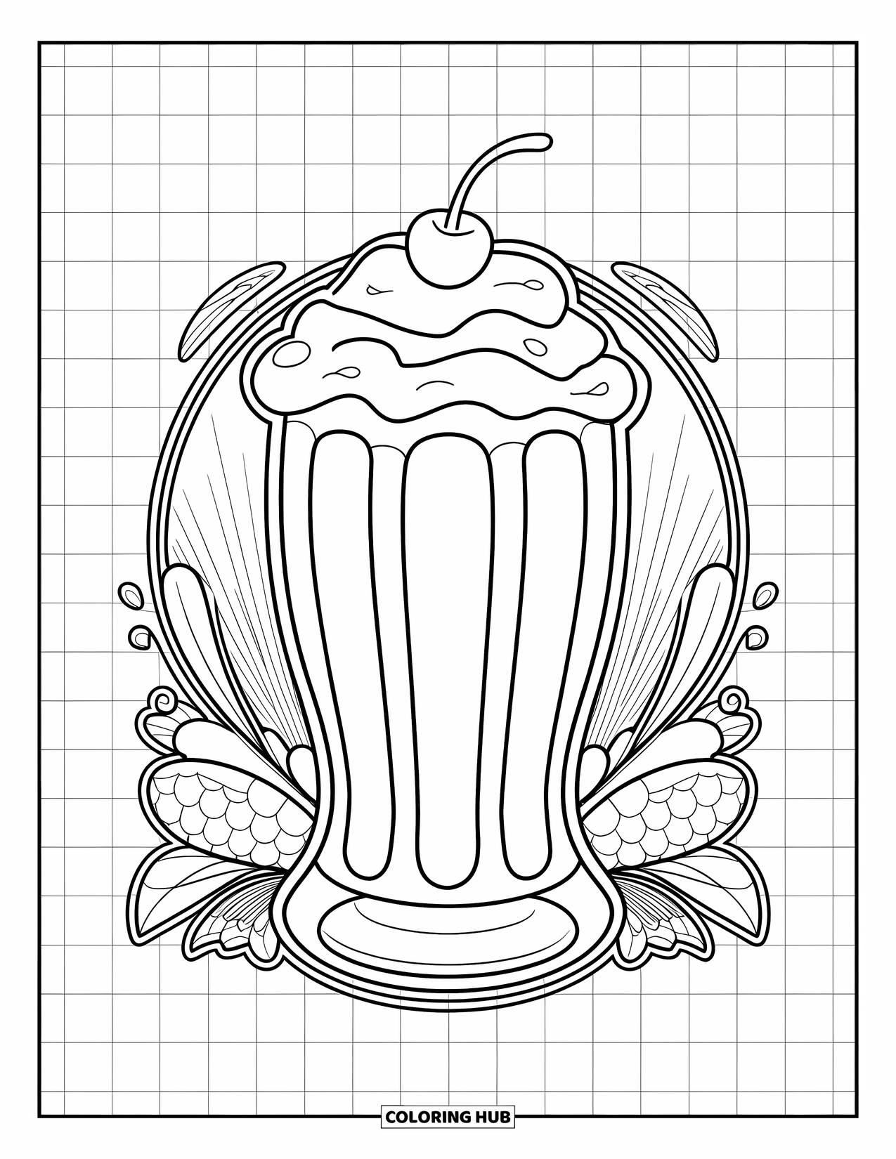 Soda Coloring Page for Adults: Vintage-style soda float with flowers and a checkered pattern
