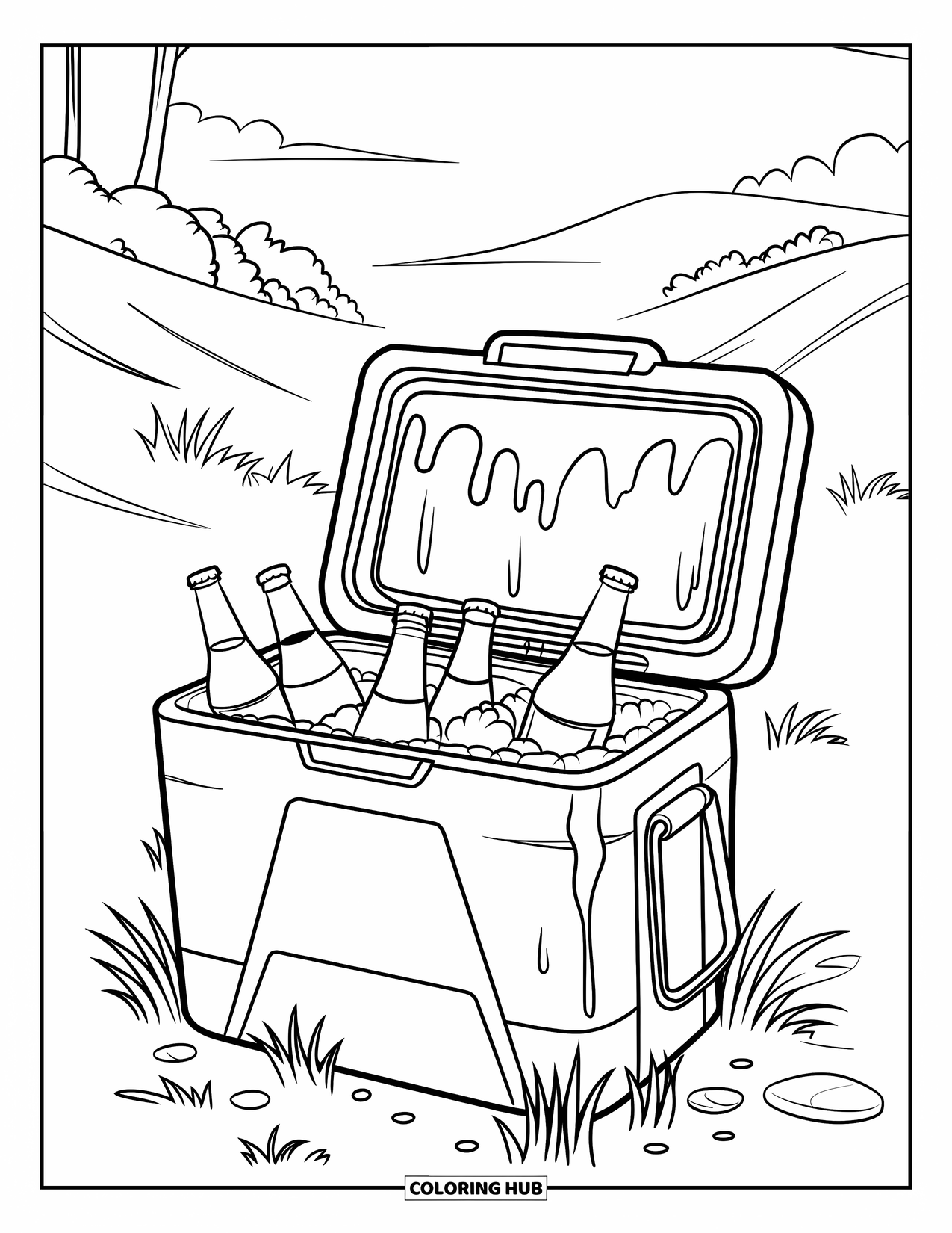 Soda Coloring Page for Kids: Chilled sodas sit in a cooler on grassy hills and stones