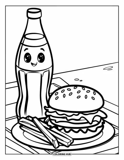 子ども向けソーダのぬりえ：バーガーとフライドポテトの横でかわいいソーダボトルが笑顔を見せている