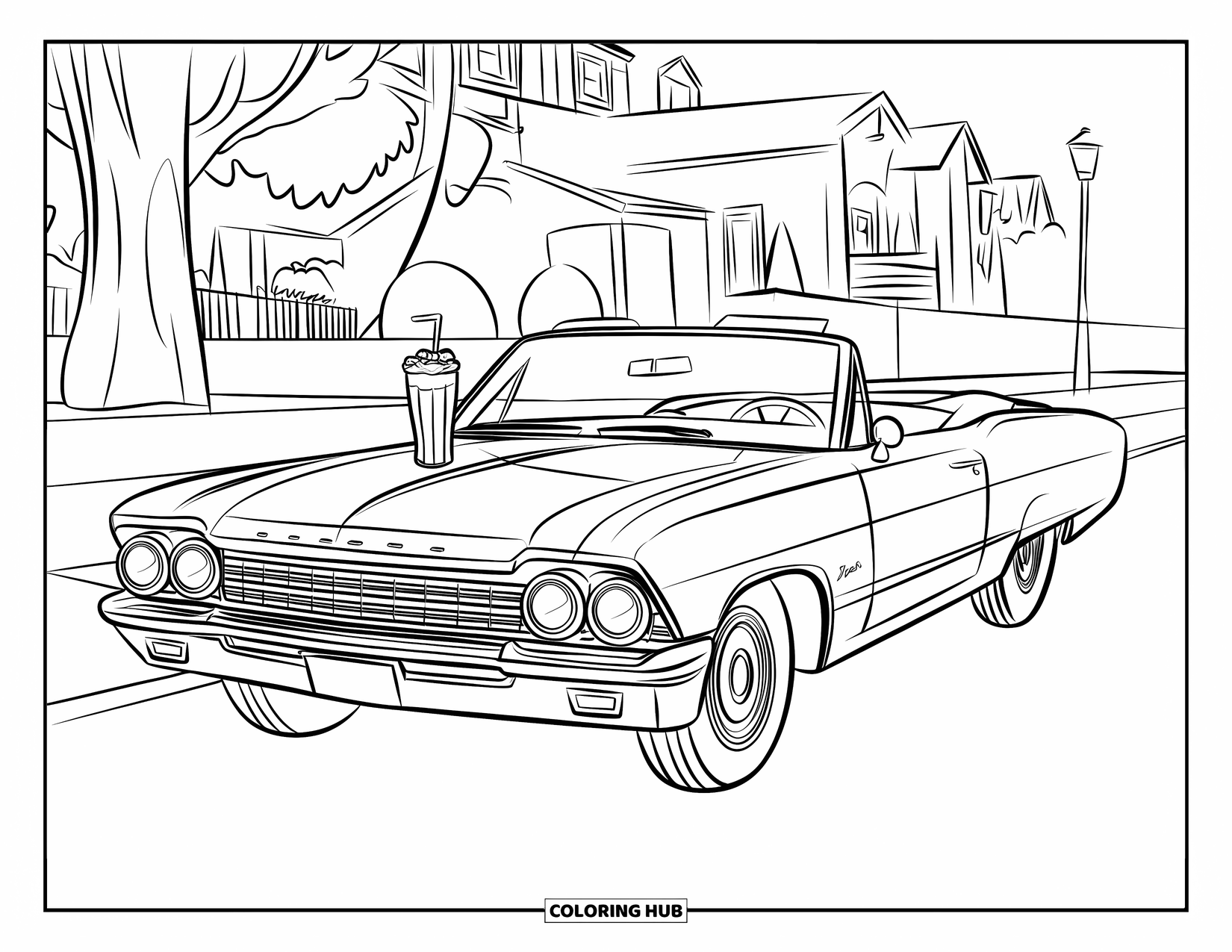 Soda Coloring Page for Kids: Retro car with soda float parked near houses and a lamp post