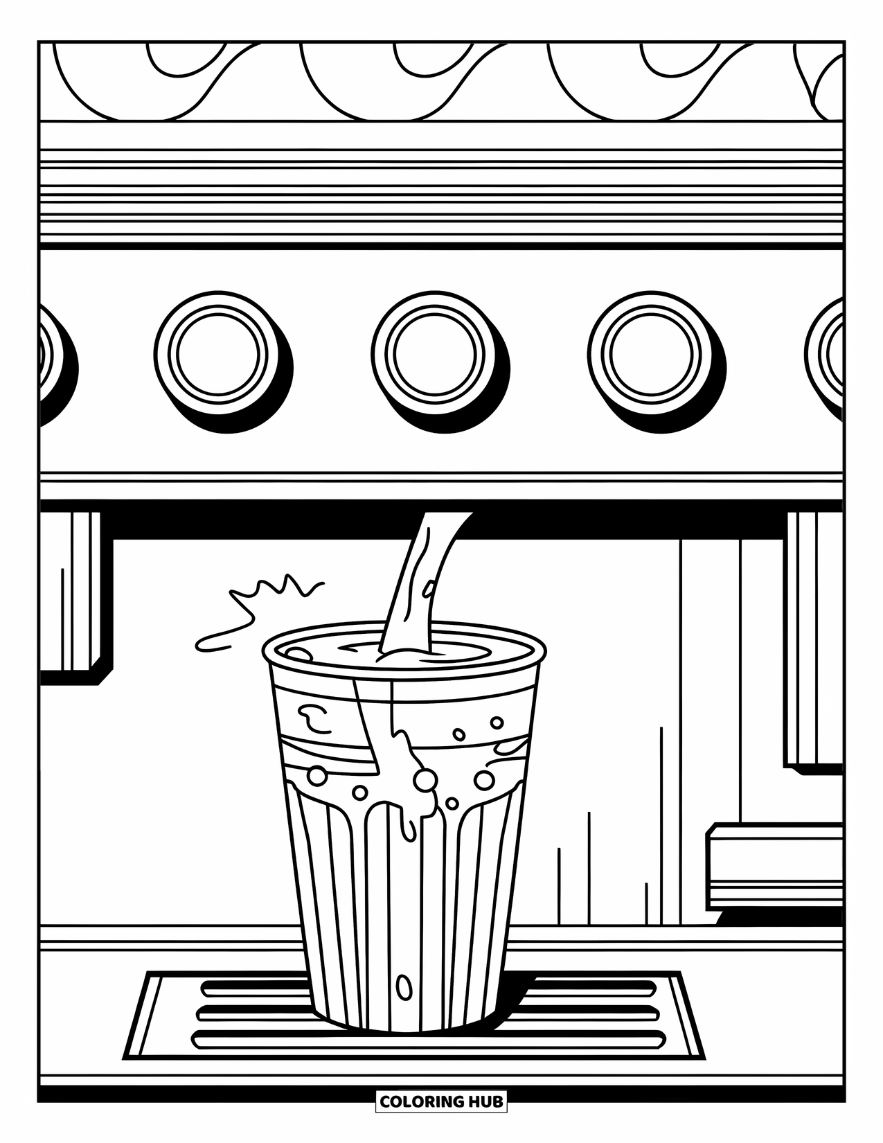Soda Coloring Page for Kids: Simple soda machine fills a cup with four tasty flavor options