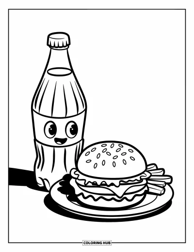 子ども向けソーダのぬりえ：バーガーとフライドポテトの横でニコニコ顔のソーダボトルがやわらかい影を落としている