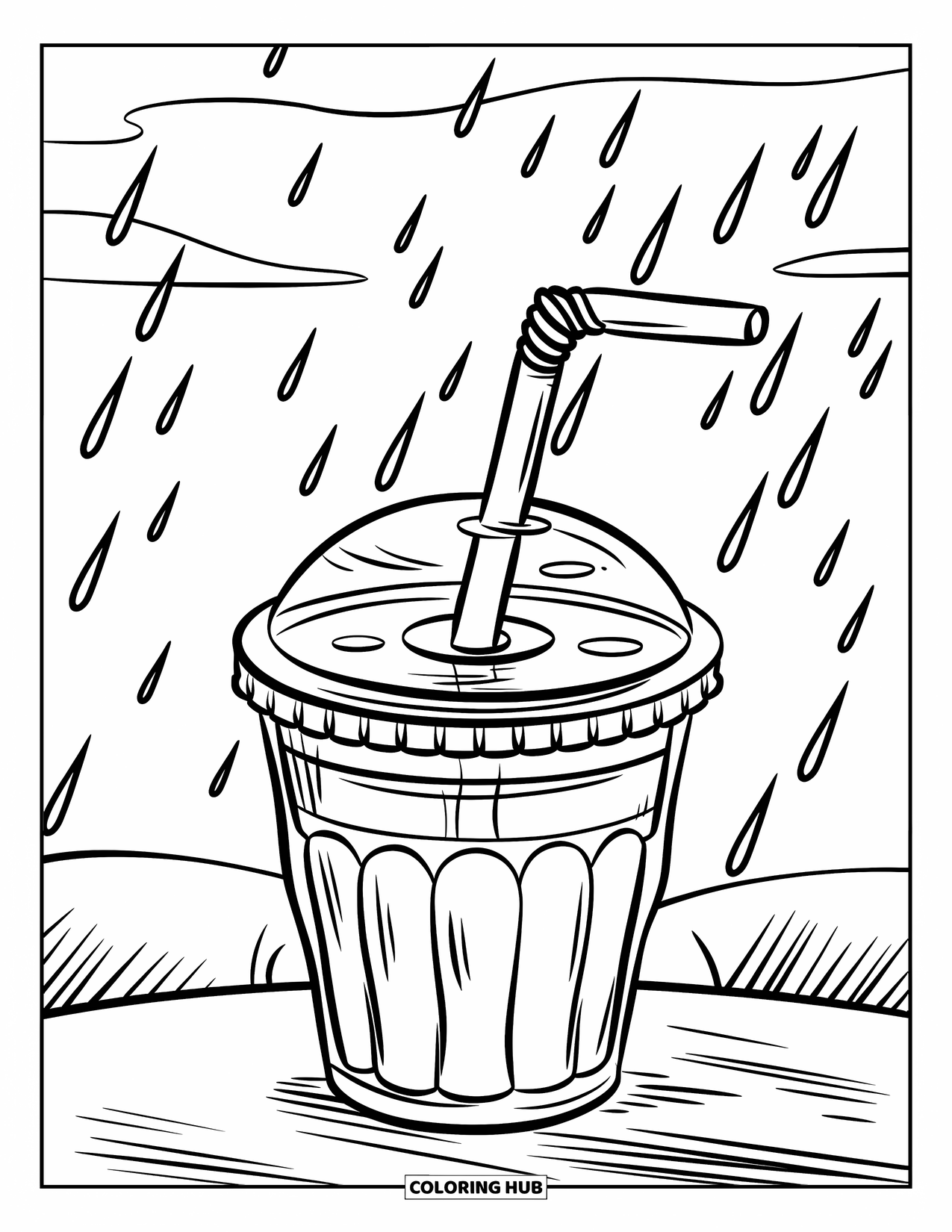 Soda Coloring Page for Kids: Soda cup with raindrops falling in a cloudy sky scene