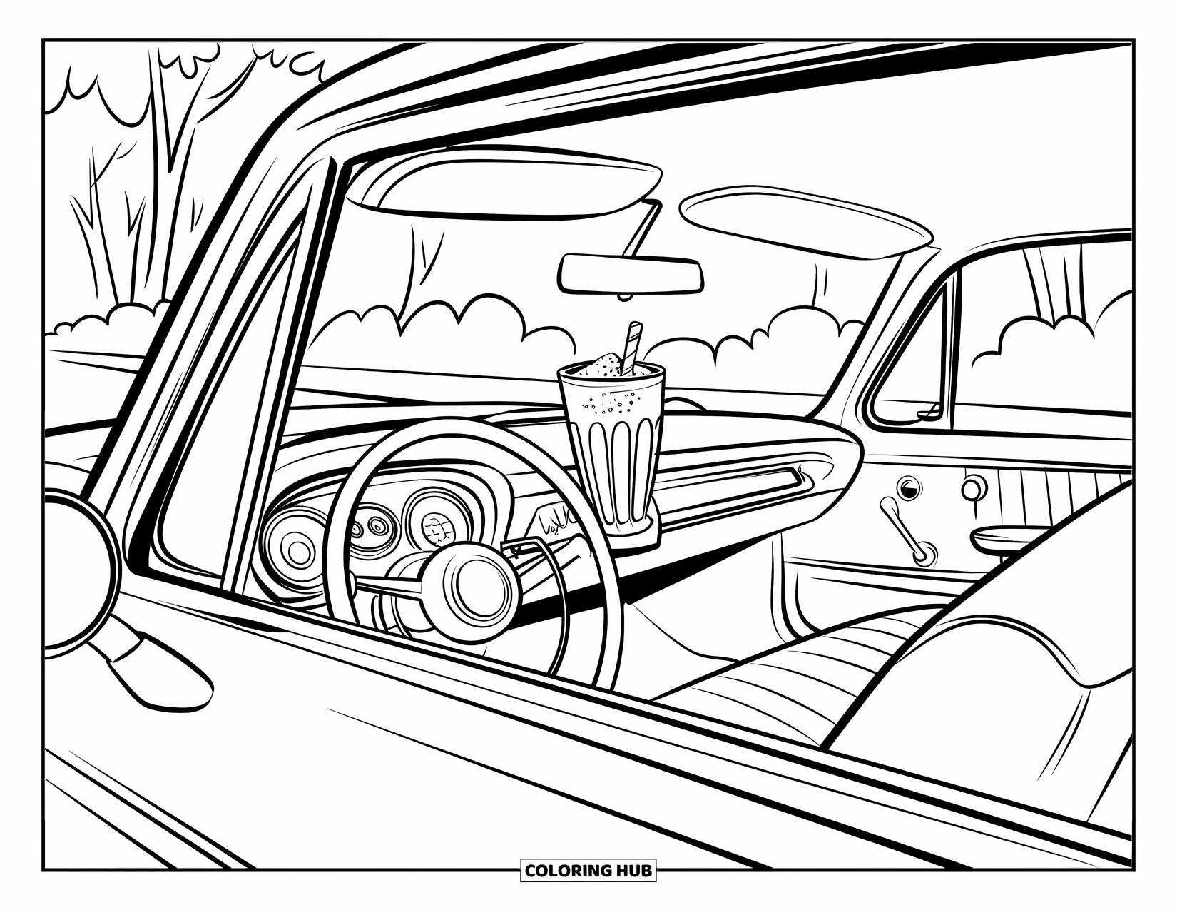 Soda Coloring Page for Kids: Soda float sits on a retro dashboard with a road ahead