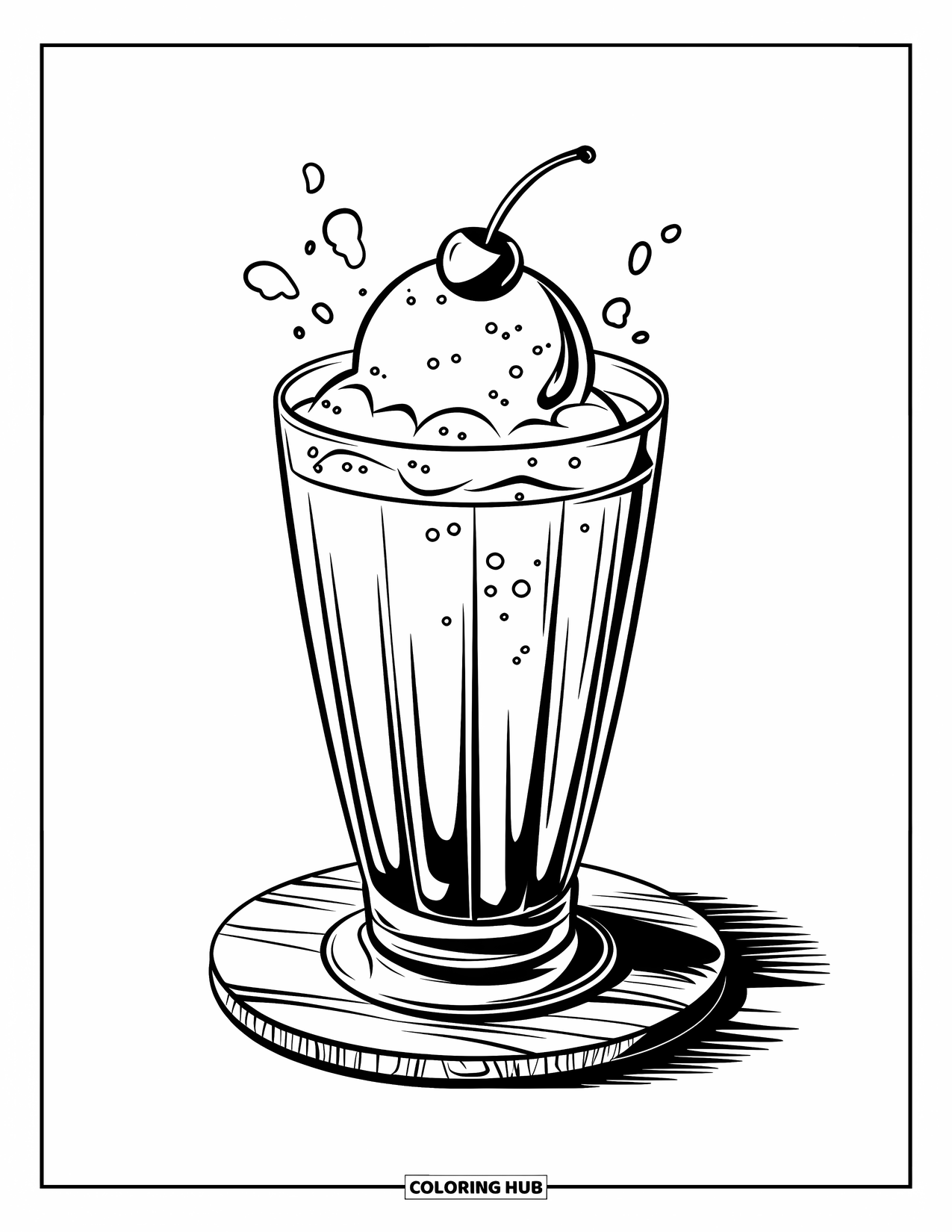 Soda Coloring Page for Kids: Soda float with cherry on top sits on a wooden board