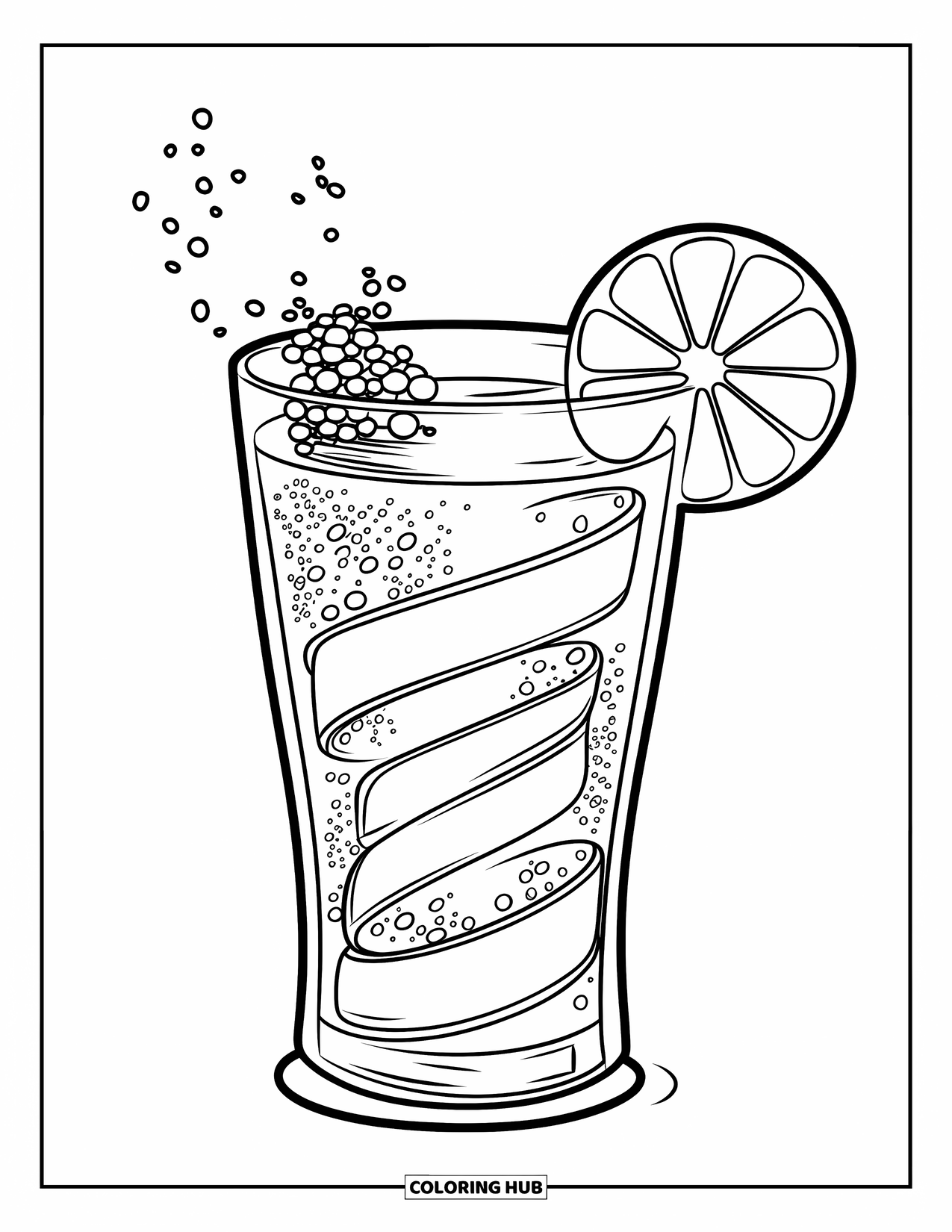 Soda Coloring Page for Kids: Soda glass with fizz spirals and a lime wedge on the rim