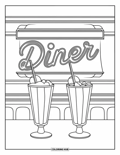 子ども向けソーダのぬりえ：「Diner」のネオンサインが輝くダイナーカウンターにソーダフロートが2つ並んでいる