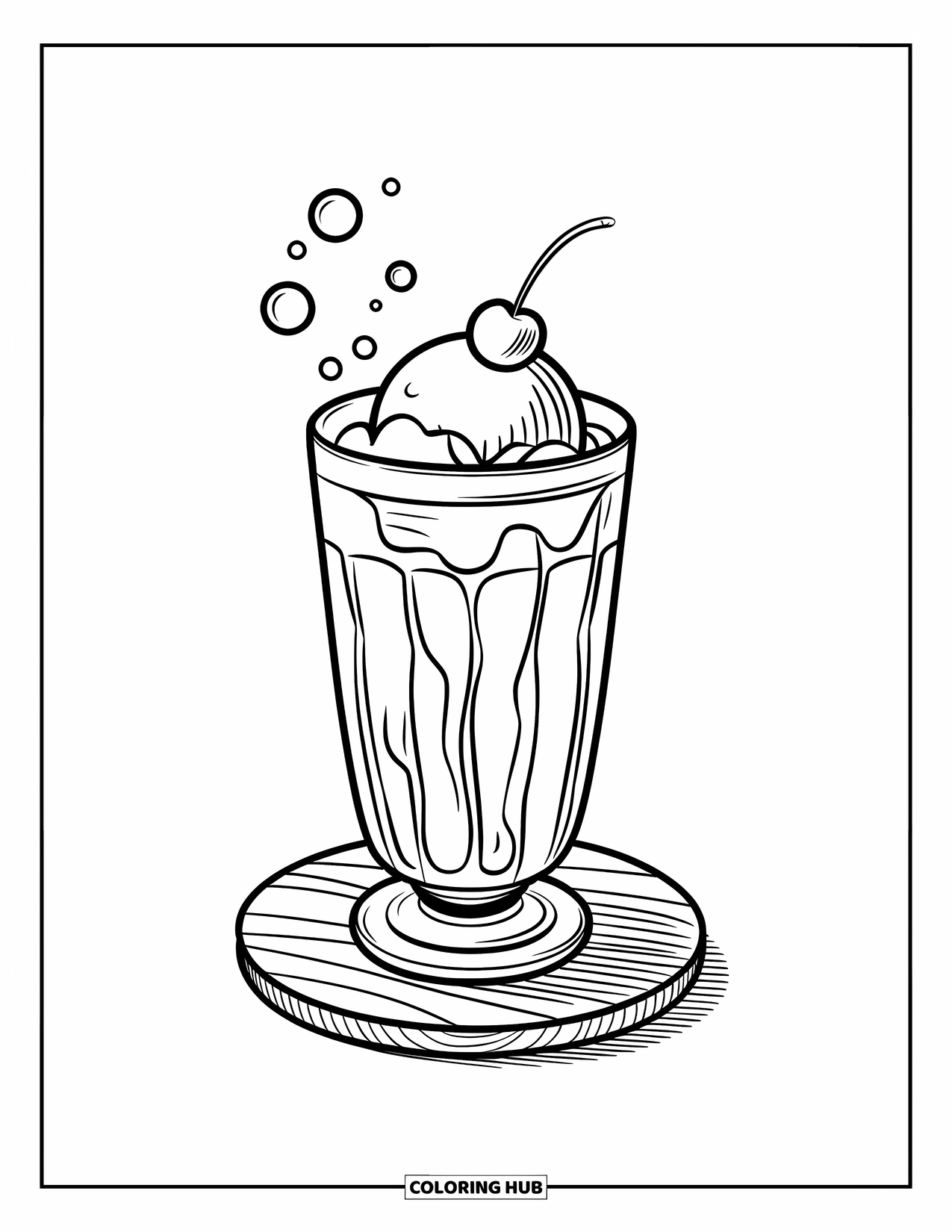 Soda Coloring Page for Kids: Vanilla float with bubbles and cherry rests on wood