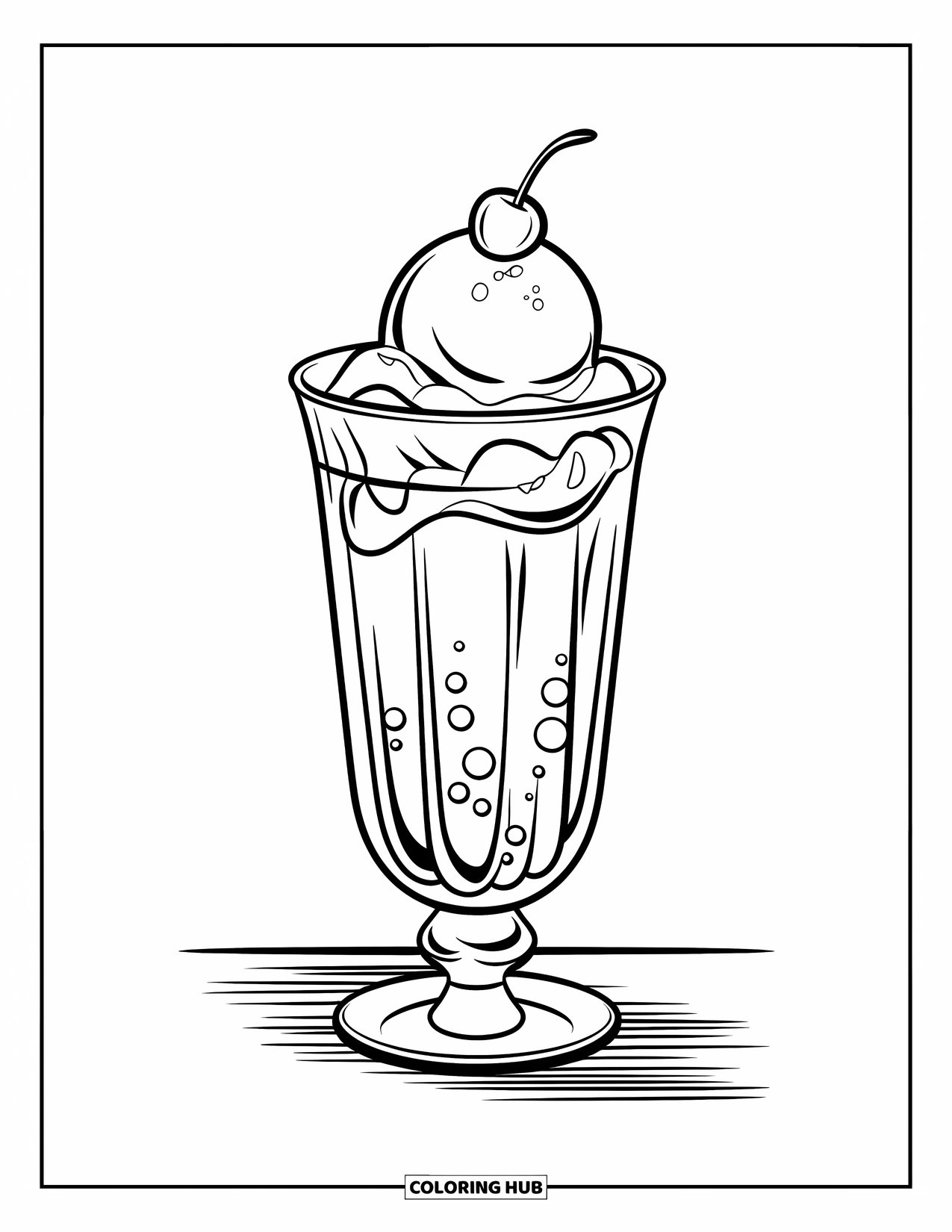 Soda Coloring Page for Kids: Vanilla ice cream soda float with bubbles on a wooden board